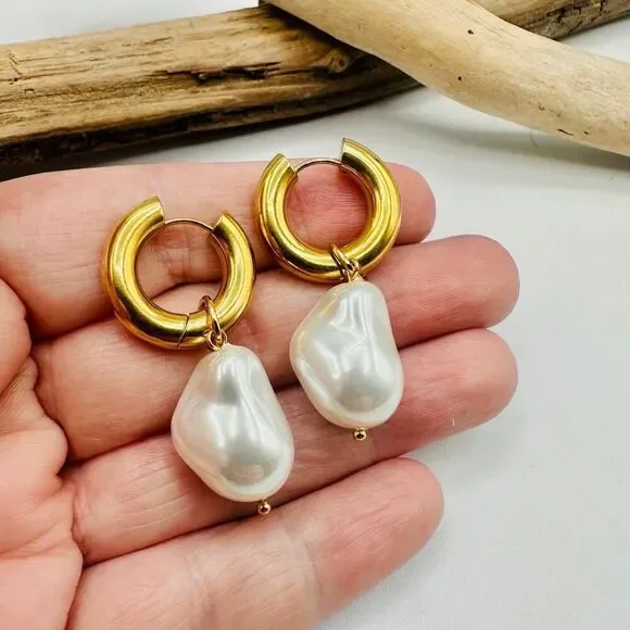 Baroque Pearl Gold Hoop Huggie Earrings 18K Stainless Steel - Picture 3 of 6